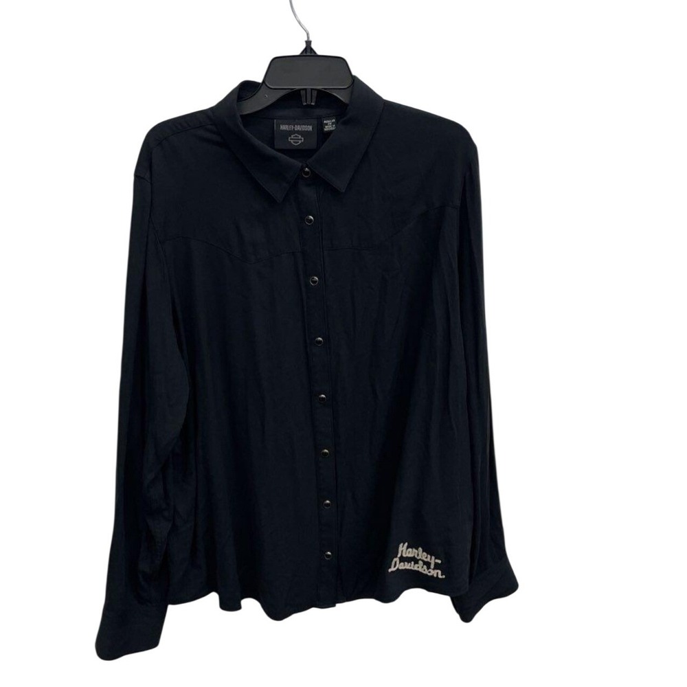 Harley Davidson Black Embroidered Rose Logo Button Up Shirt Women 2W Long Sleeve